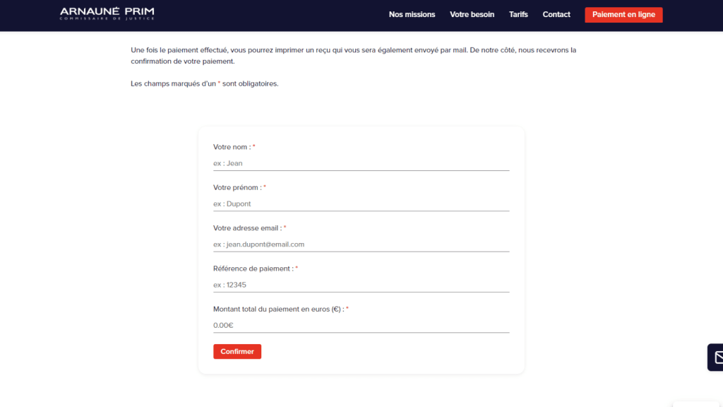 Formulaire de paiement Arnauné & Prim